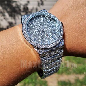 Iced Luxury Hip Hop Silver Plated Nugget Bling Wrist Lab Diamond Metal Watch